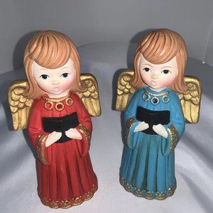 Vintage Pair Red Blue Ardco Chalk-ware Christmas Choir Angels